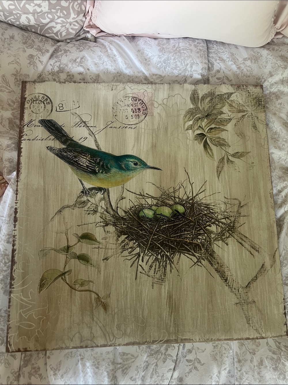 Bird & Nest Wall Art Canvas - Teal and Green